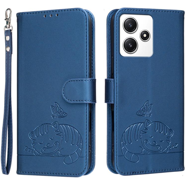 Cat Butterfly Embossed RFID Vegan Leather Phone Case with Strap, For Redmi 12 4G / 5G, For Redmi K70