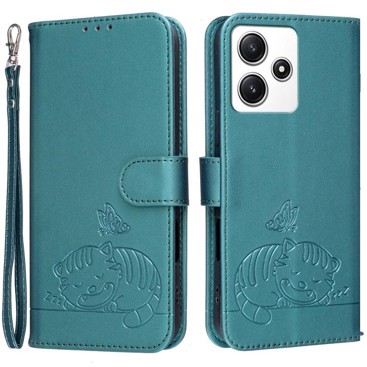 Cat Butterfly Embossed RFID Vegan Leather Phone Case with Strap, For Redmi 12 4G / 5G, For Redmi K70