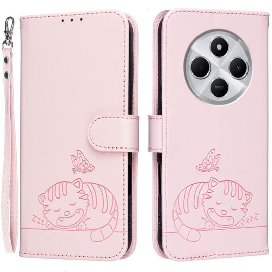 Cat Butterfly Embossed RFID Vegan Leather Phone Case with Strap, For Redmi 14C 4G, For Redmi 13 4G, For Redmi Turbo 3, For Redmi A3, For Redmi Note 13 Pro 4G, For Redmi Note 13 4G, For Redmi K70E, For Redmi Note 13, For Redmi 13C, For Redmi Note 13 Pro...