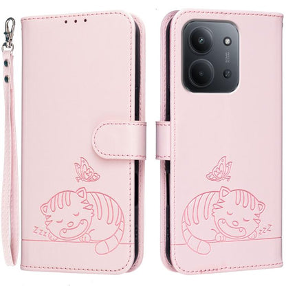 Cat Butterfly Embossed RFID Vegan Leather Phone Case with Strap, For Redmi 15C 5G / 4G Global 171mm, For Redmi 15C 5G / 4G EU 173mm, For Redmi A5 4G 173.3mm, For Redmi A5 4G 171.7mm, For Redmi Note 14 4G 164.84mm, For Redmi Turbo 4 Pro, For Redmi Turbo...