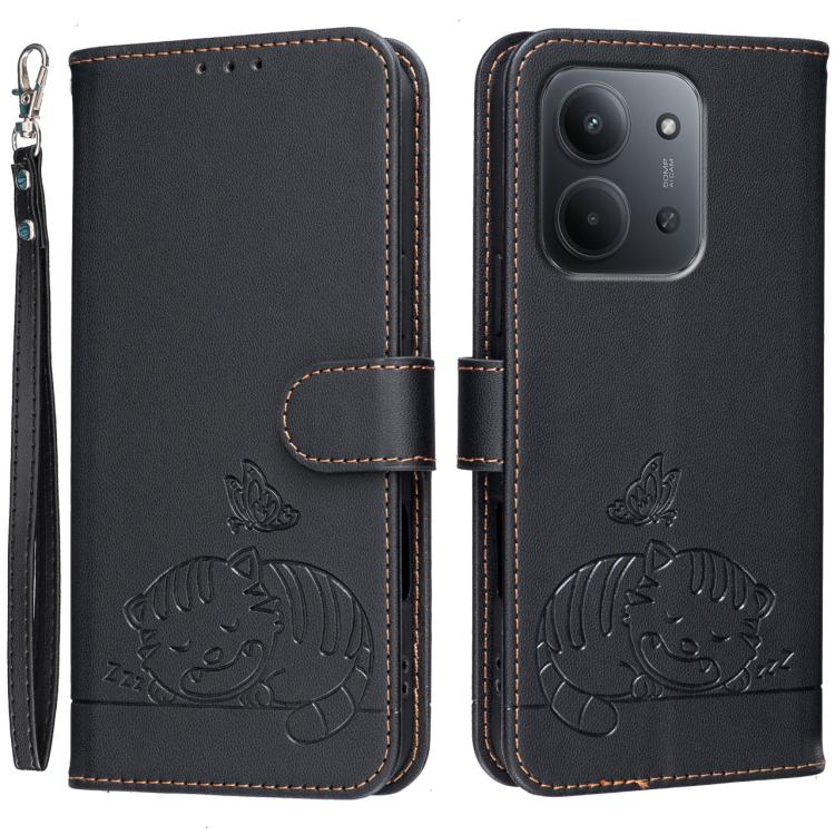 Cat Butterfly Embossed RFID Vegan Leather Phone Case with Strap, For Redmi 15C 5G / 4G Global 171mm, For Redmi 15C 5G / 4G EU 173mm, For Redmi A5 4G 173.3mm, For Redmi A5 4G 171.7mm, For Redmi Note 14 4G 164.84mm, For Redmi Turbo 4 Pro, For Redmi Turbo...