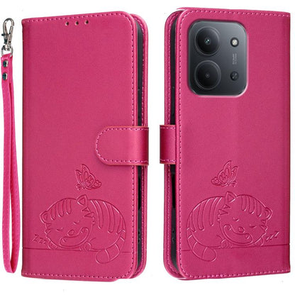 Cat Butterfly Embossed RFID Vegan Leather Phone Case with Strap, For Redmi 15C 5G / 4G Global 171mm, For Redmi 15C 5G / 4G EU 173mm, For Redmi A5 4G 173.3mm, For Redmi A5 4G 171.7mm, For Redmi Note 14 4G 164.84mm, For Redmi Turbo 4 Pro, For Redmi Turbo...