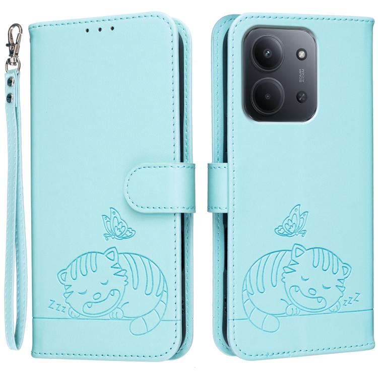 Cat Butterfly Embossed RFID Vegan Leather Phone Case with Strap, For Redmi 15C 5G / 4G Global 171mm, For Redmi 15C 5G / 4G EU 173mm, For Redmi A5 4G 173.3mm, For Redmi A5 4G 171.7mm, For Redmi Note 14 4G 164.84mm, For Redmi Turbo 4 Pro, For Redmi Turbo...