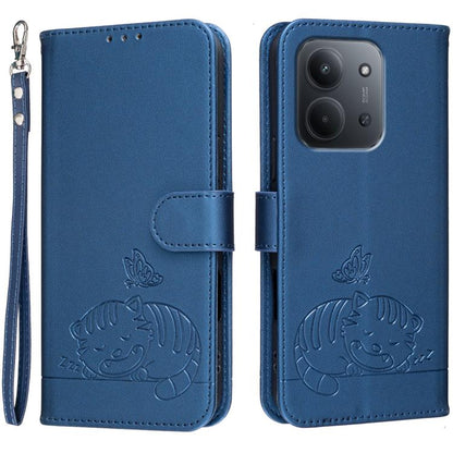Cat Butterfly Embossed RFID Vegan Leather Phone Case with Strap, For Redmi 15C 5G / 4G Global 171mm, For Redmi 15C 5G / 4G EU 173mm, For Redmi A5 4G 173.3mm, For Redmi A5 4G 171.7mm, For Redmi Note 14 4G 164.84mm, For Redmi Turbo 4 Pro, For Redmi Turbo...