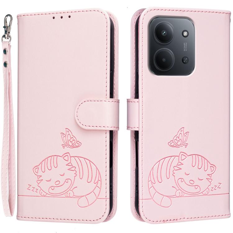 Cat Butterfly Embossed RFID Vegan Leather Phone Case with Strap, For Redmi 15C 5G / 4G Global 171mm, For Redmi 15C 5G / 4G EU 173mm, For Redmi A5 4G 173.3mm, For Redmi A5 4G 171.7mm, For Redmi Note 14 4G 164.84mm, For Redmi Turbo 4 Pro, For Redmi Turbo...