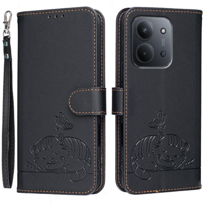 Cat Butterfly Embossed RFID Vegan Leather Phone Case with Strap, For Redmi 15C 5G / 4G Global 171mm, For Redmi 15C 5G / 4G EU 173mm, For Redmi A5 4G 173.3mm, For Redmi A5 4G 171.7mm, For Redmi Note 14 4G 164.84mm, For Redmi Turbo 4 Pro, For Redmi Turbo...