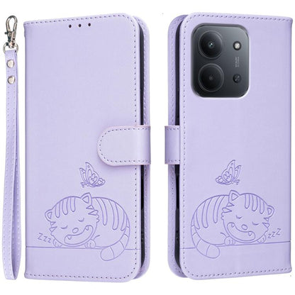 Cat Butterfly Embossed RFID Vegan Leather Phone Case with Strap, For Redmi 15C 5G / 4G Global 171mm, For Redmi 15C 5G / 4G EU 173mm, For Redmi A5 4G 173.3mm, For Redmi A5 4G 171.7mm, For Redmi Note 14 4G 164.84mm, For Redmi Turbo 4 Pro, For Redmi Turbo...