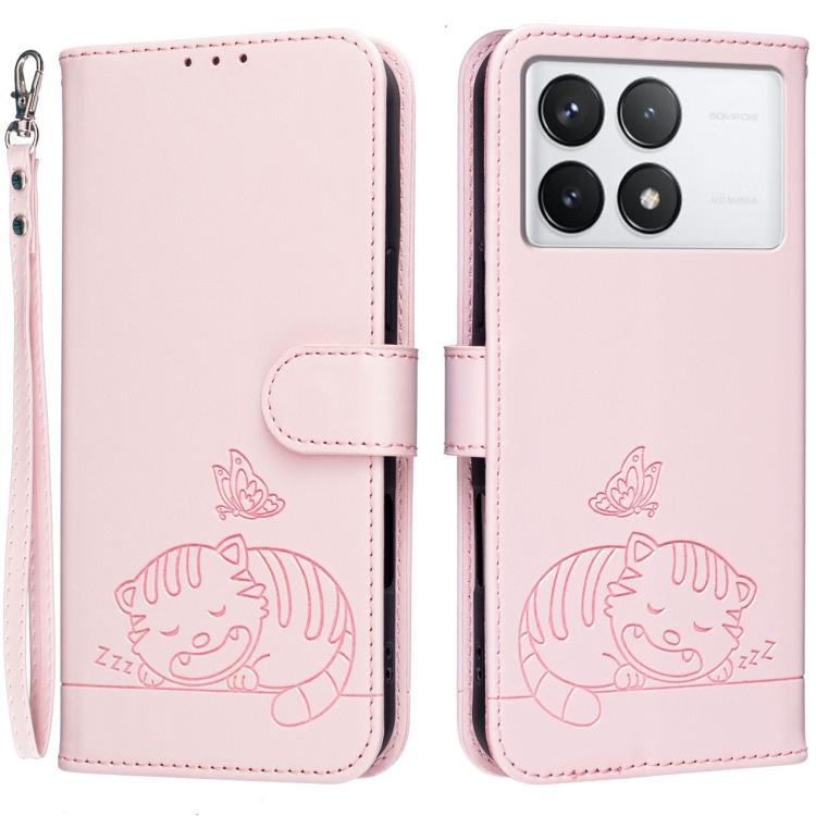 Cat Butterfly Embossed RFID Vegan Leather Phone Case with Strap, For Redmi 12 4G / 5G, For Redmi K70