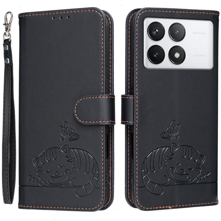 Cat Butterfly Embossed RFID Vegan Leather Phone Case with Strap, For Redmi 12 4G / 5G, For Redmi K70