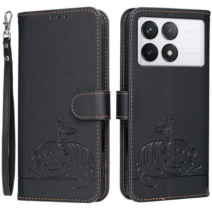 Cat Butterfly Embossed RFID Vegan Leather Phone Case with Strap, For Redmi 12 4G / 5G, For Redmi K70