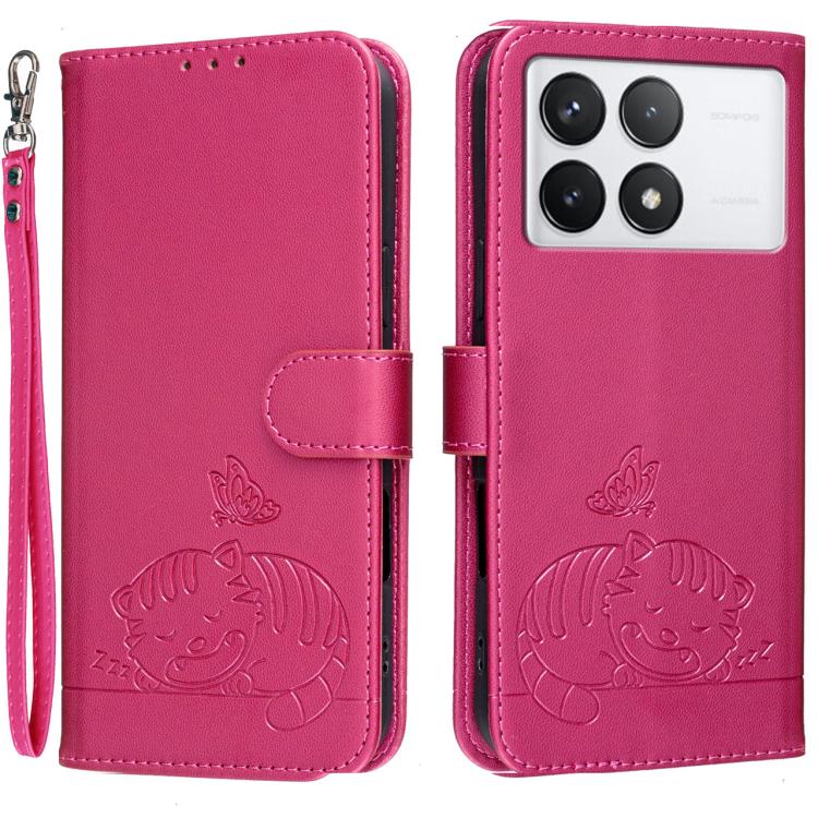 Cat Butterfly Embossed RFID Vegan Leather Phone Case with Strap, For Redmi 12 4G / 5G, For Redmi K70
