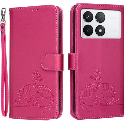 Cat Butterfly Embossed RFID Vegan Leather Phone Case with Strap, For Redmi 12 4G / 5G, For Redmi K70