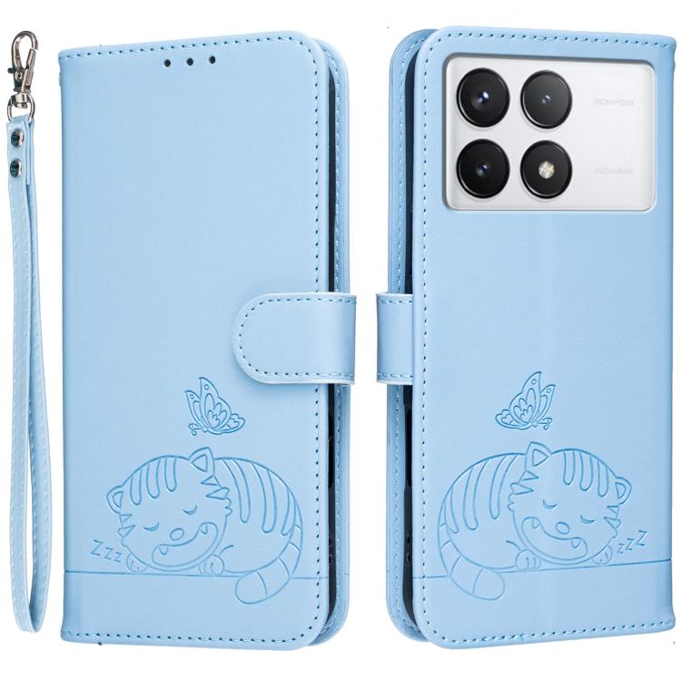 Cat Butterfly Embossed RFID Vegan Leather Phone Case with Strap, For Redmi 12 4G / 5G, For Redmi K70