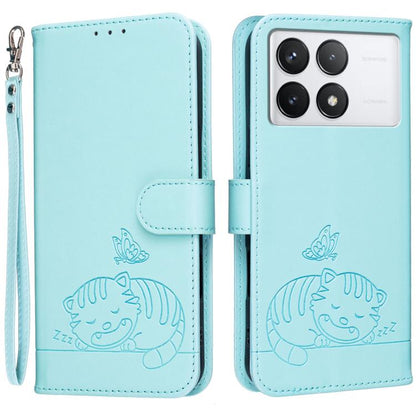 Cat Butterfly Embossed RFID Vegan Leather Phone Case with Strap, For Redmi 12 4G / 5G, For Redmi K70