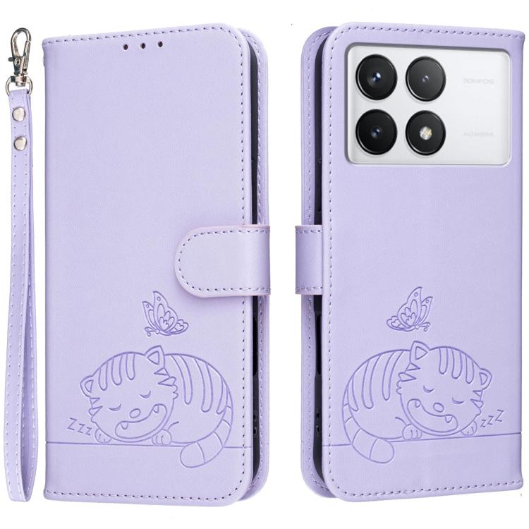 Cat Butterfly Embossed RFID Vegan Leather Phone Case with Strap, For Redmi 12 4G / 5G, For Redmi K70