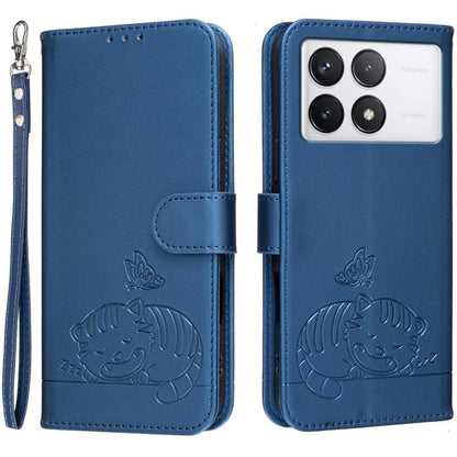 Cat Butterfly Embossed RFID Vegan Leather Phone Case with Strap, For Redmi 12 4G / 5G, For Redmi K70