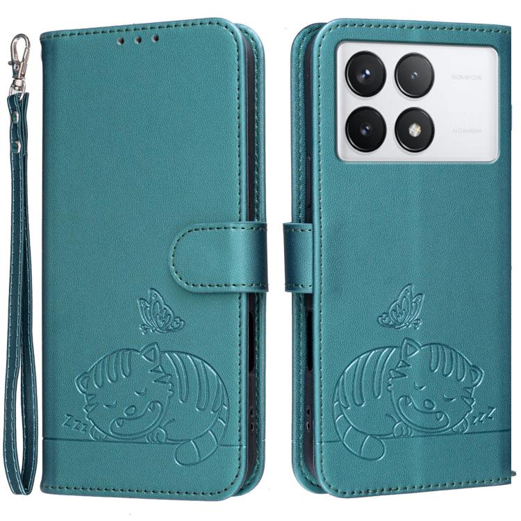 Cat Butterfly Embossed RFID Vegan Leather Phone Case with Strap, For Redmi 12 4G / 5G, For Redmi K70