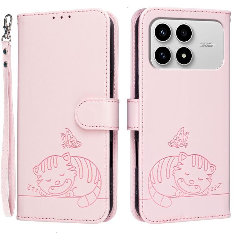 Cat Butterfly Embossed RFID Vegan Leather Phone Case with Strap, For Redmi 15a 5G, For Redmi A7 Pro 4G 171mm, For Redmi Turbo 5 Max / Poco X8 Pro Max 5G, For Redmi Turbo 5 / Poco X8 Pro 5G, For Redmi K90 ProMax / Poco F8 Ultra                          ...