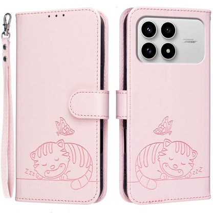 Cat Butterfly Embossed RFID Vegan Leather Phone Case with Strap, For Redmi 15a 5G, For Redmi A7 Pro 4G 171mm, For Redmi Turbo 5 Max / Poco X8 Pro Max 5G, For Redmi Turbo 5 / Poco X8 Pro 5G, For Redmi K90 ProMax / Poco F8 Ultra                          ...