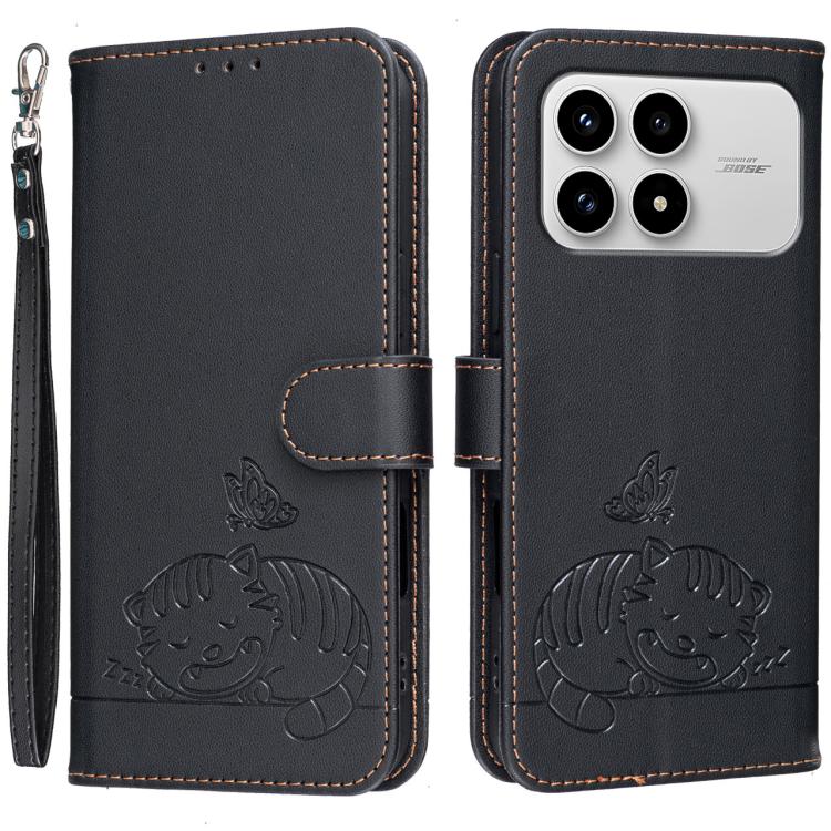 Cat Butterfly Embossed RFID Vegan Leather Phone Case with Strap, For Redmi 15a 5G, For Redmi A7 Pro 4G 171mm, For Redmi Turbo 5 Max / Poco X8 Pro Max 5G, For Redmi Turbo 5 / Poco X8 Pro 5G, For Redmi K90 ProMax / Poco F8 Ultra                          ...