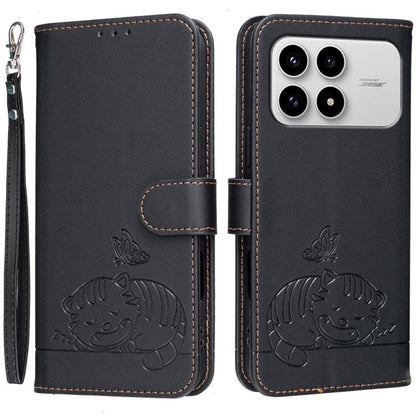 Cat Butterfly Embossed RFID Vegan Leather Phone Case with Strap, For Redmi 15a 5G, For Redmi A7 Pro 4G 171mm, For Redmi Turbo 5 Max / Poco X8 Pro Max 5G, For Redmi Turbo 5 / Poco X8 Pro 5G, For Redmi K90 ProMax / Poco F8 Ultra                          ...