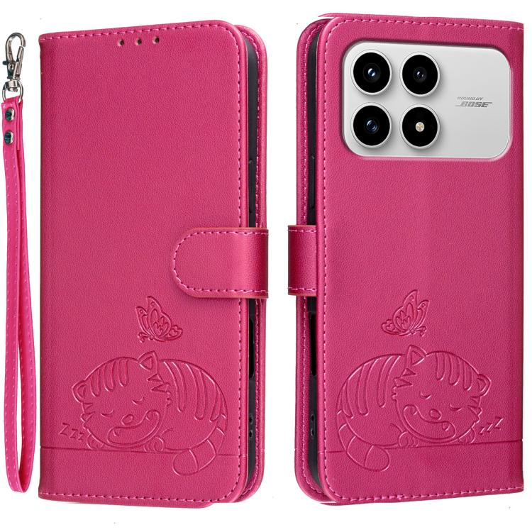 Cat Butterfly Embossed RFID Vegan Leather Phone Case with Strap, For Redmi 15a 5G, For Redmi A7 Pro 4G 171mm, For Redmi Turbo 5 Max / Poco X8 Pro Max 5G, For Redmi Turbo 5 / Poco X8 Pro 5G, For Redmi K90 ProMax / Poco F8 Ultra                          ...