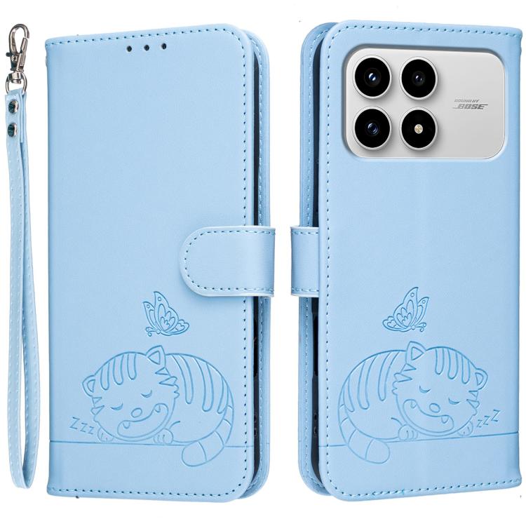 Cat Butterfly Embossed RFID Vegan Leather Phone Case with Strap, For Redmi 15a 5G, For Redmi A7 Pro 4G 171mm, For Redmi Turbo 5 Max / Poco X8 Pro Max 5G, For Redmi Turbo 5 / Poco X8 Pro 5G, For Redmi K90 ProMax / Poco F8 Ultra                          ...