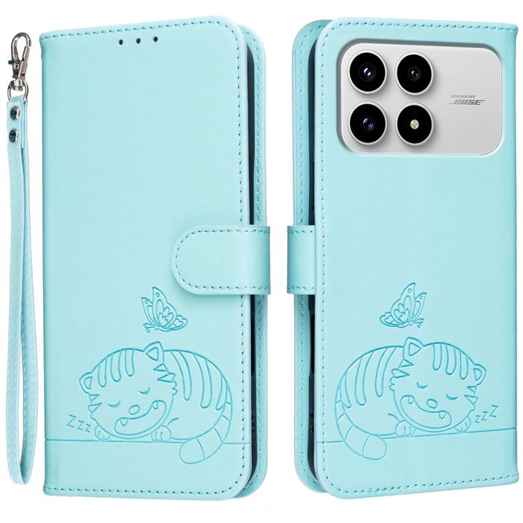 Cat Butterfly Embossed RFID Vegan Leather Phone Case with Strap, For Redmi 15a 5G, For Redmi A7 Pro 4G 171mm, For Redmi Turbo 5 Max / Poco X8 Pro Max 5G, For Redmi Turbo 5 / Poco X8 Pro 5G, For Redmi K90 ProMax / Poco F8 Ultra                          ...