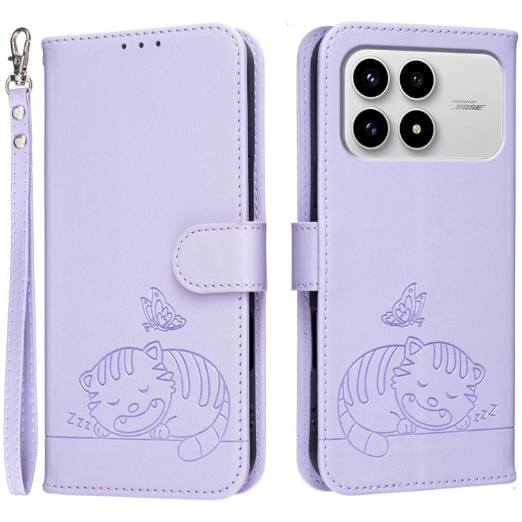 Cat Butterfly Embossed RFID Vegan Leather Phone Case with Strap, For Redmi 15a 5G, For Redmi A7 Pro 4G 171mm, For Redmi Turbo 5 Max / Poco X8 Pro Max 5G, For Redmi Turbo 5 / Poco X8 Pro 5G, For Redmi K90 ProMax / Poco F8 Ultra                          ...
