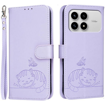 Cat Butterfly Embossed RFID Vegan Leather Phone Case with Strap, For Redmi 15a 5G, For Redmi A7 Pro 4G 171mm, For Redmi Turbo 5 Max / Poco X8 Pro Max 5G, For Redmi Turbo 5 / Poco X8 Pro 5G, For Redmi K90 ProMax / Poco F8 Ultra                          ...