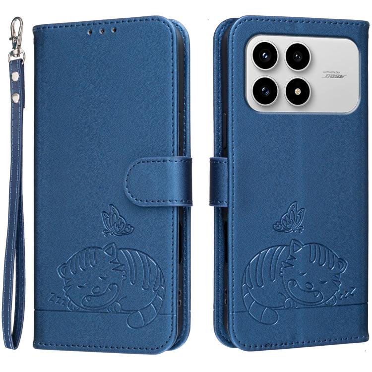 Cat Butterfly Embossed RFID Vegan Leather Phone Case with Strap, For Redmi 15a 5G, For Redmi A7 Pro 4G 171mm, For Redmi Turbo 5 Max / Poco X8 Pro Max 5G, For Redmi Turbo 5 / Poco X8 Pro 5G, For Redmi K90 ProMax / Poco F8 Ultra                          ...