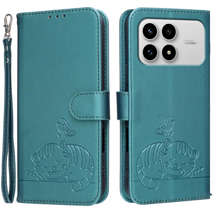 Cat Butterfly Embossed RFID Vegan Leather Phone Case with Strap, For Redmi 15a 5G, For Redmi A7 Pro 4G 171mm, For Redmi Turbo 5 Max / Poco X8 Pro Max 5G, For Redmi Turbo 5 / Poco X8 Pro 5G, For Redmi K90 ProMax / Poco F8 Ultra                          ...