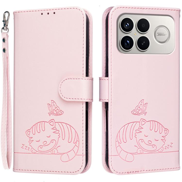 Cat Butterfly Embossed RFID Vegan Leather Phone Case with Strap, For Redmi 15a 5G, For Redmi A7 Pro 4G 171mm, For Redmi Turbo 5 Max / Poco X8 Pro Max 5G, For Redmi Turbo 5 / Poco X8 Pro 5G, For Redmi K90 ProMax / Poco F8 Ultra                          ...