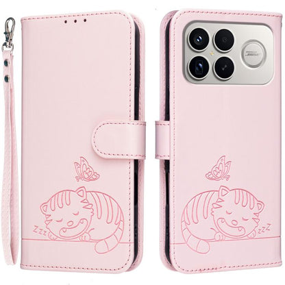 Cat Butterfly Embossed RFID Vegan Leather Phone Case with Strap, For Redmi 15a 5G, For Redmi A7 Pro 4G 171mm, For Redmi Turbo 5 Max / Poco X8 Pro Max 5G, For Redmi Turbo 5 / Poco X8 Pro 5G, For Redmi K90 ProMax / Poco F8 Ultra                          ...