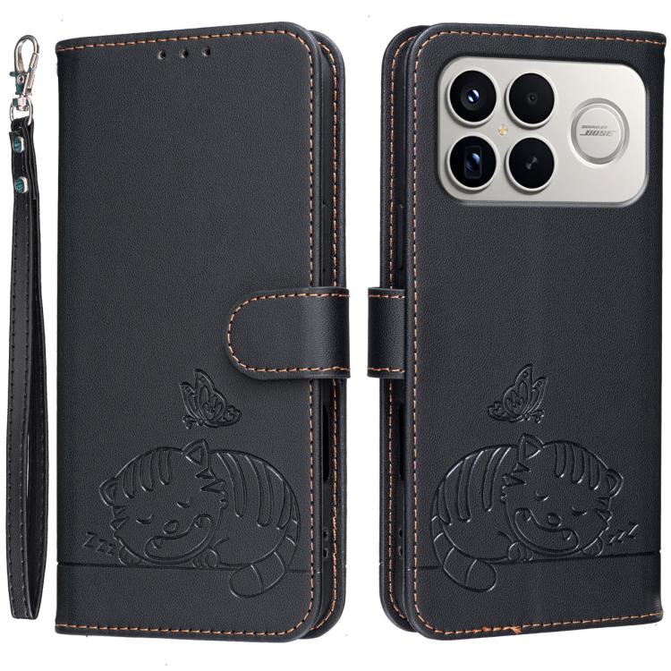 Cat Butterfly Embossed RFID Vegan Leather Phone Case with Strap, For Redmi 15a 5G, For Redmi A7 Pro 4G 171mm, For Redmi Turbo 5 Max / Poco X8 Pro Max 5G, For Redmi Turbo 5 / Poco X8 Pro 5G, For Redmi K90 ProMax / Poco F8 Ultra                          ...
