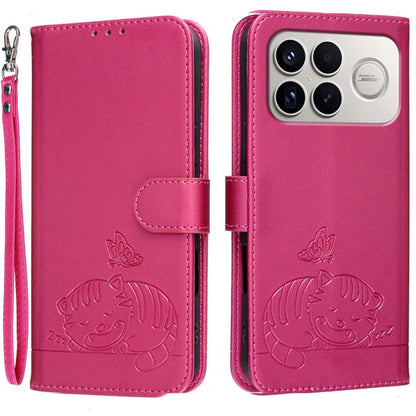 Cat Butterfly Embossed RFID Vegan Leather Phone Case with Strap, For Redmi 15a 5G, For Redmi A7 Pro 4G 171mm, For Redmi Turbo 5 Max / Poco X8 Pro Max 5G, For Redmi Turbo 5 / Poco X8 Pro 5G, For Redmi K90 ProMax / Poco F8 Ultra                          ...
