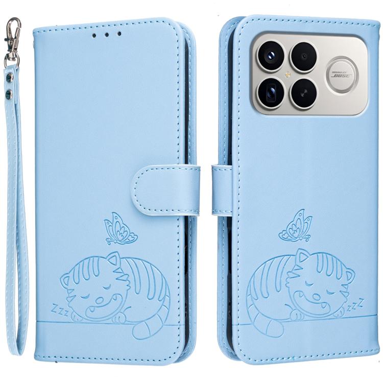 Cat Butterfly Embossed RFID Vegan Leather Phone Case with Strap, For Redmi 15a 5G, For Redmi A7 Pro 4G 171mm, For Redmi Turbo 5 Max / Poco X8 Pro Max 5G, For Redmi Turbo 5 / Poco X8 Pro 5G, For Redmi K90 ProMax / Poco F8 Ultra                          ...