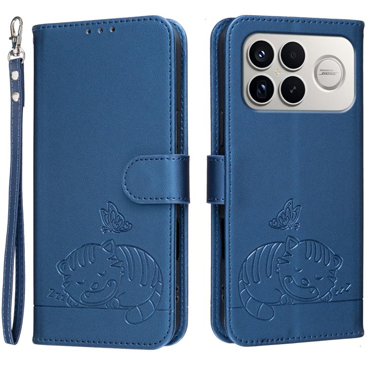 Cat Butterfly Embossed RFID Vegan Leather Phone Case with Strap, For Redmi 15a 5G, For Redmi A7 Pro 4G 171mm, For Redmi Turbo 5 Max / Poco X8 Pro Max 5G, For Redmi Turbo 5 / Poco X8 Pro 5G, For Redmi K90 ProMax / Poco F8 Ultra                          ...