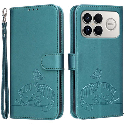 Cat Butterfly Embossed RFID Vegan Leather Phone Case with Strap, For Redmi 15a 5G, For Redmi A7 Pro 4G 171mm, For Redmi Turbo 5 Max / Poco X8 Pro Max 5G, For Redmi Turbo 5 / Poco X8 Pro 5G, For Redmi K90 ProMax / Poco F8 Ultra                          ...