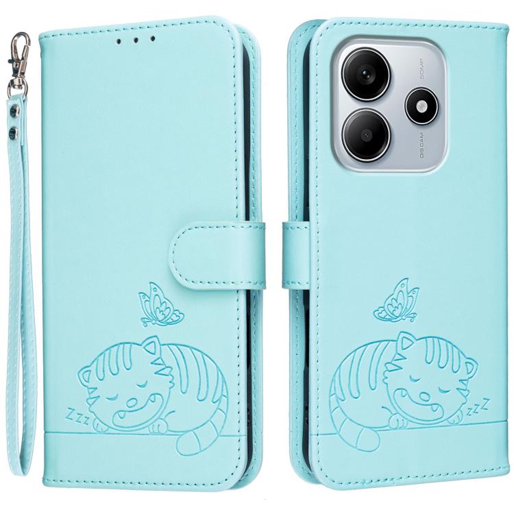 Cat Butterfly Embossed RFID Vegan Leather Phone Case with Strap, For Redmi 15C 5G / 4G Global 171mm, For Redmi 15C 5G / 4G EU 173mm, For Redmi A5 4G 173.3mm, For Redmi A5 4G 171.7mm, For Redmi Note 14 4G 164.84mm, For Redmi Turbo 4 Pro, For Redmi Turbo...