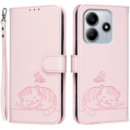 Cat Butterfly Embossed RFID Vegan Leather Phone Case with Strap, For Redmi 15C 5G / 4G Global 171mm, For Redmi 15C 5G / 4G EU 173mm, For Redmi A5 4G 173.3mm, For Redmi A5 4G 171.7mm, For Redmi Note 14 4G 164.84mm, For Redmi Turbo 4 Pro, For Redmi Turbo...