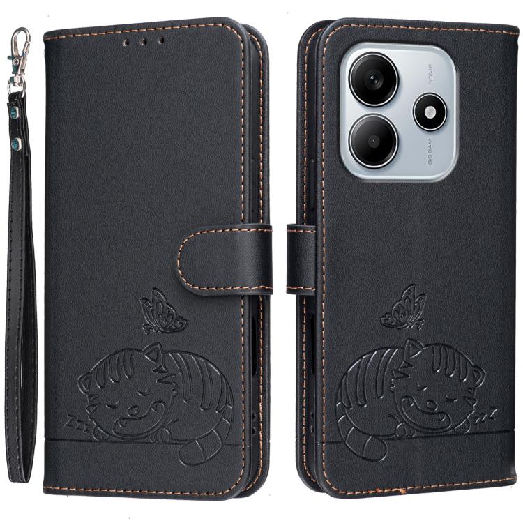 Cat Butterfly Embossed RFID Vegan Leather Phone Case with Strap, For Redmi 15C 5G / 4G Global 171mm, For Redmi 15C 5G / 4G EU 173mm, For Redmi A5 4G 173.3mm, For Redmi A5 4G 171.7mm, For Redmi Note 14 4G 164.84mm, For Redmi Turbo 4 Pro, For Redmi Turbo...