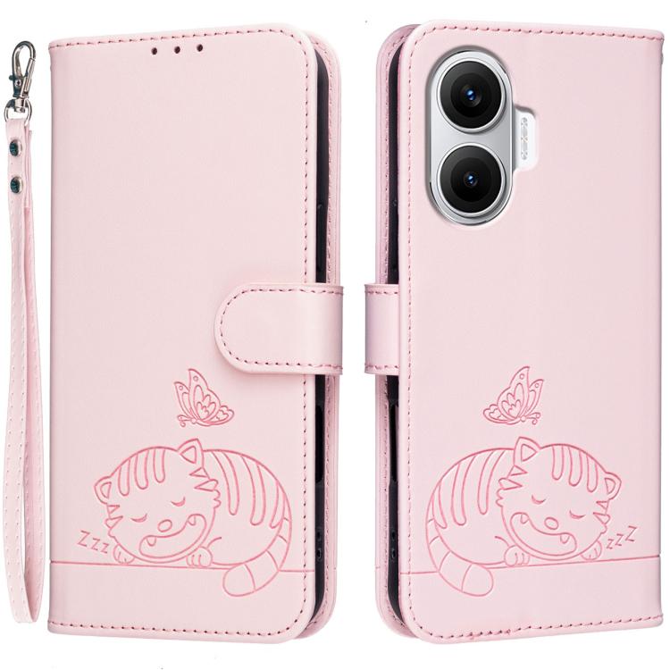 Cat Butterfly Embossed RFID Vegan Leather Phone Case with Strap, For Redmi 15C 5G / 4G Global 171mm, For Redmi 15C 5G / 4G EU 173mm, For Redmi A5 4G 173.3mm, For Redmi A5 4G 171.7mm, For Redmi Note 14 4G 164.84mm, For Redmi Turbo 4 Pro, For Redmi Turbo...