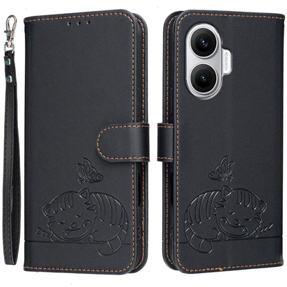 Cat Butterfly Embossed RFID Vegan Leather Phone Case with Strap, For Redmi 15C 5G / 4G Global 171mm, For Redmi 15C 5G / 4G EU 173mm, For Redmi A5 4G 173.3mm, For Redmi A5 4G 171.7mm, For Redmi Note 14 4G 164.84mm, For Redmi Turbo 4 Pro, For Redmi Turbo...