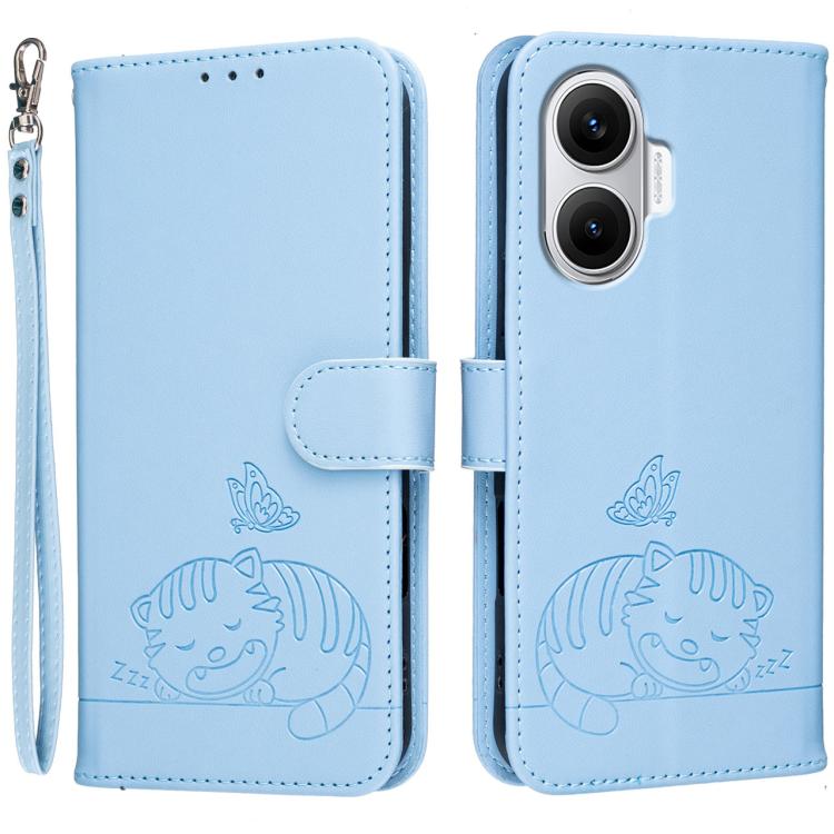 Cat Butterfly Embossed RFID Vegan Leather Phone Case with Strap, For Redmi 15C 5G / 4G Global 171mm, For Redmi 15C 5G / 4G EU 173mm, For Redmi A5 4G 173.3mm, For Redmi A5 4G 171.7mm, For Redmi Note 14 4G 164.84mm, For Redmi Turbo 4 Pro, For Redmi Turbo...