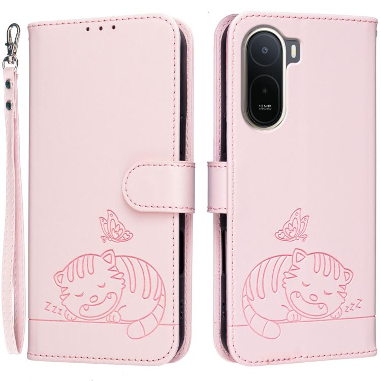 Cat Butterfly Embossed RFID Vegan Leather Phone Case with Strap, For Redmi 15a 5G, For Redmi A7 Pro 4G 171mm, For Redmi Turbo 5 Max / Poco X8 Pro Max 5G, For Redmi Turbo 5 / Poco X8 Pro 5G, For Redmi K90 ProMax / Poco F8 Ultra                          ...