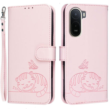 Cat Butterfly Embossed RFID Vegan Leather Phone Case with Strap, For Redmi 15a 5G, For Redmi A7 Pro 4G 171mm, For Redmi Turbo 5 Max / Poco X8 Pro Max 5G, For Redmi Turbo 5 / Poco X8 Pro 5G, For Redmi K90 ProMax / Poco F8 Ultra                          ...