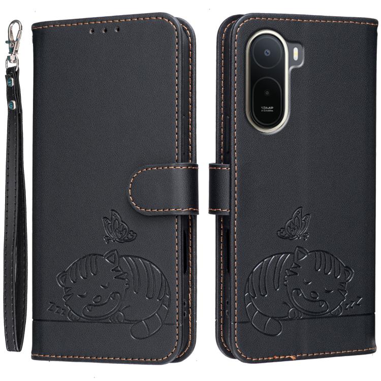 Cat Butterfly Embossed RFID Vegan Leather Phone Case with Strap, For Redmi 15a 5G, For Redmi A7 Pro 4G 171mm, For Redmi Turbo 5 Max / Poco X8 Pro Max 5G, For Redmi Turbo 5 / Poco X8 Pro 5G, For Redmi K90 ProMax / Poco F8 Ultra                          ...