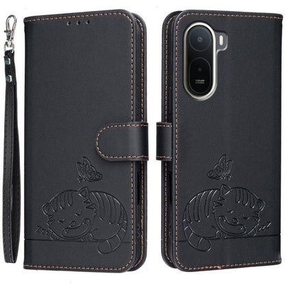 Cat Butterfly Embossed RFID Vegan Leather Phone Case with Strap, For Redmi 15a 5G, For Redmi A7 Pro 4G 171mm, For Redmi Turbo 5 Max / Poco X8 Pro Max 5G, For Redmi Turbo 5 / Poco X8 Pro 5G, For Redmi K90 ProMax / Poco F8 Ultra                          ...