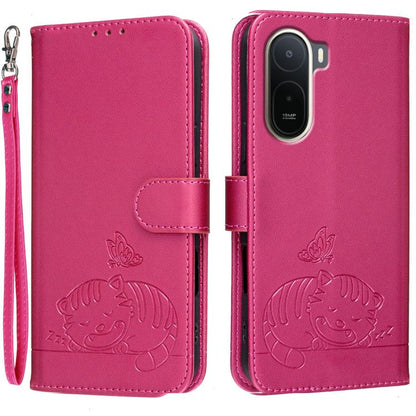 Cat Butterfly Embossed RFID Vegan Leather Phone Case with Strap, For Redmi 15a 5G, For Redmi A7 Pro 4G 171mm, For Redmi Turbo 5 Max / Poco X8 Pro Max 5G, For Redmi Turbo 5 / Poco X8 Pro 5G, For Redmi K90 ProMax / Poco F8 Ultra                          ...